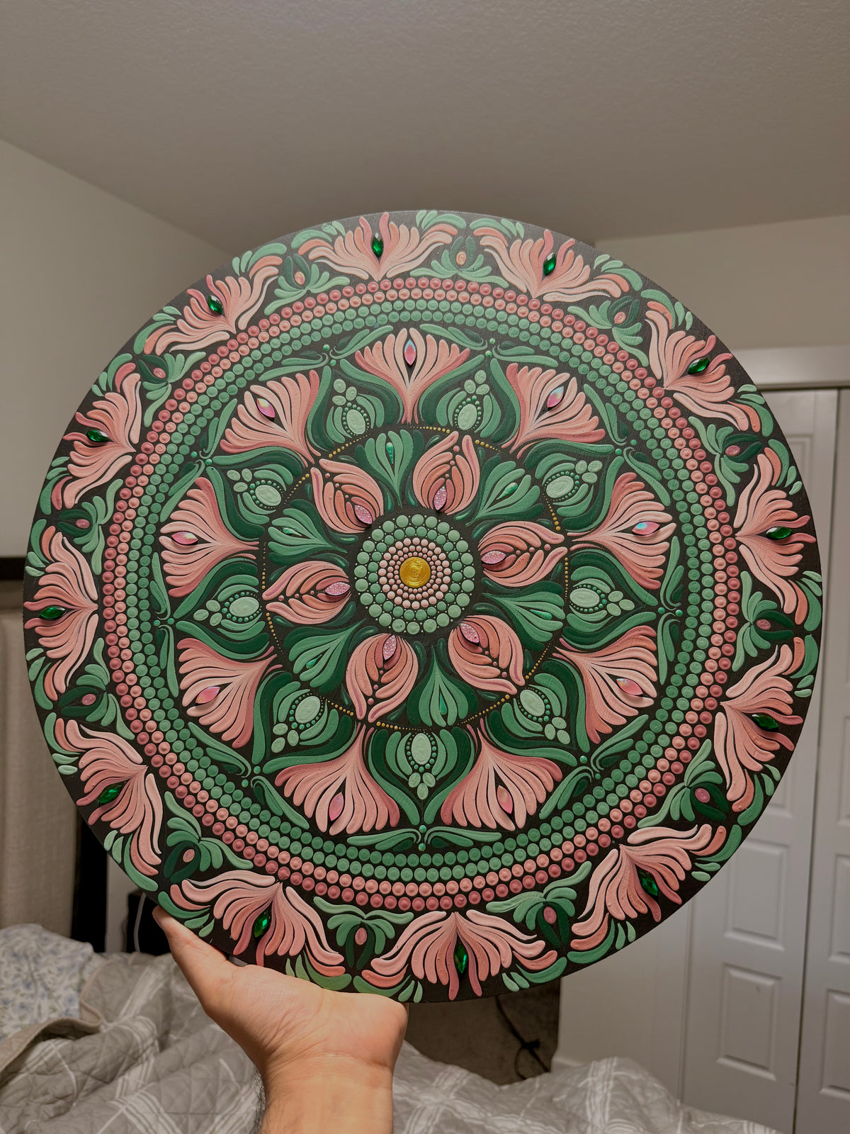 Blush & Moss Mandala – Original Hand-Painted 18” Wall Art