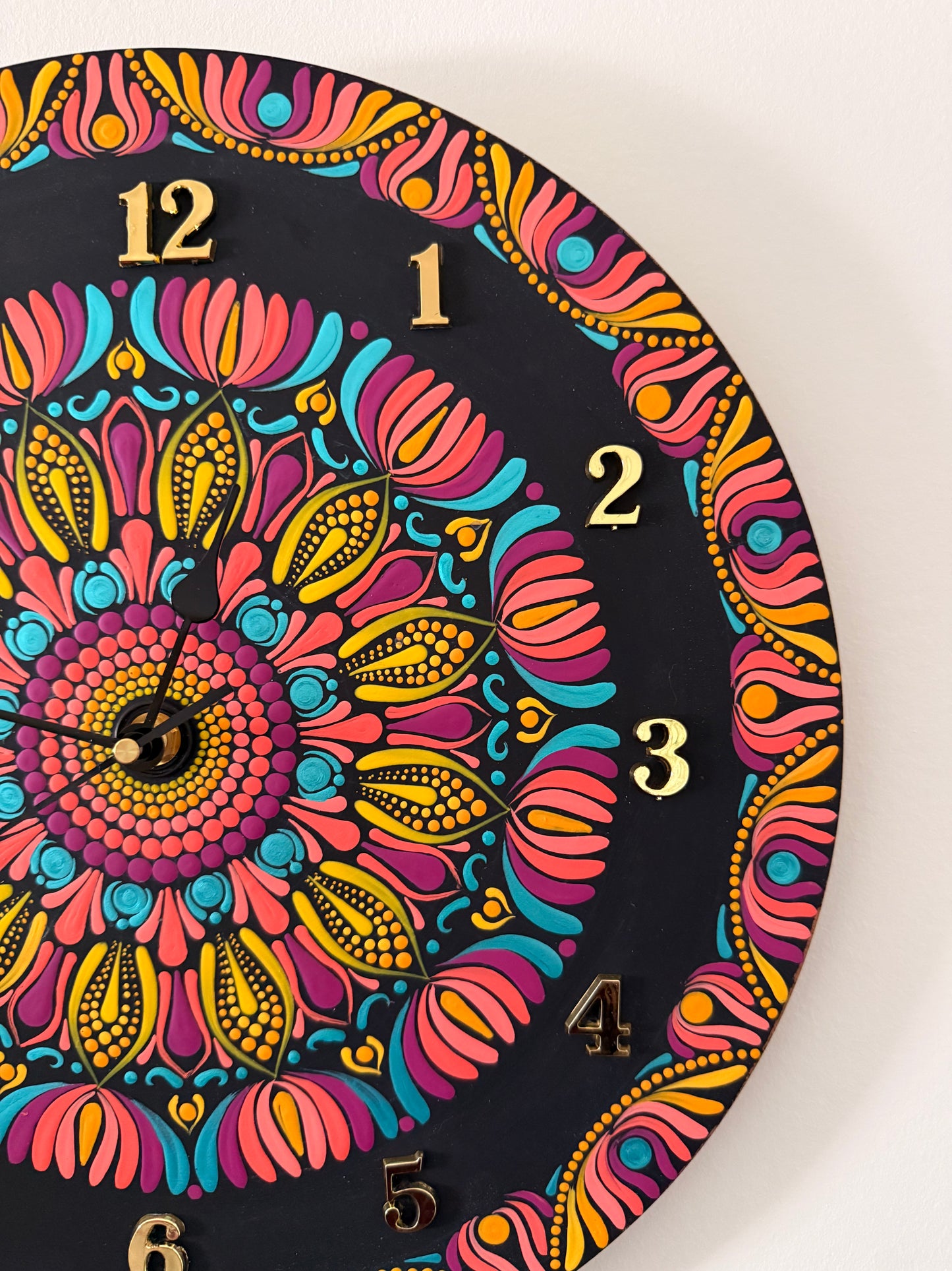 Hand-Painted Mandala Wall Clock – Black Multicolor