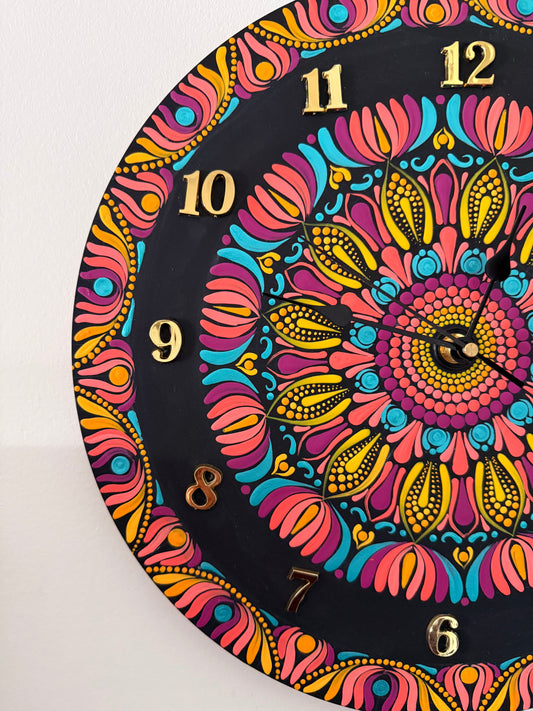 Hand-Painted Mandala Wall Clock – Black Multicolor