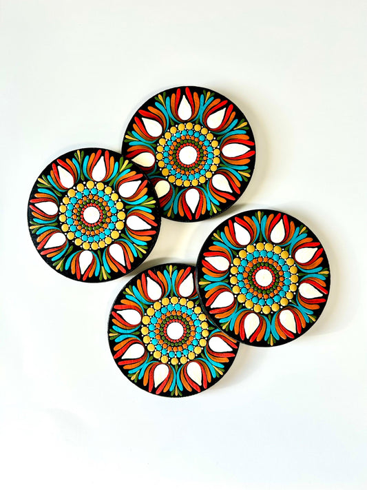 Hand-Painted Orange & Whites Mandala Coaster Set - Set of 4