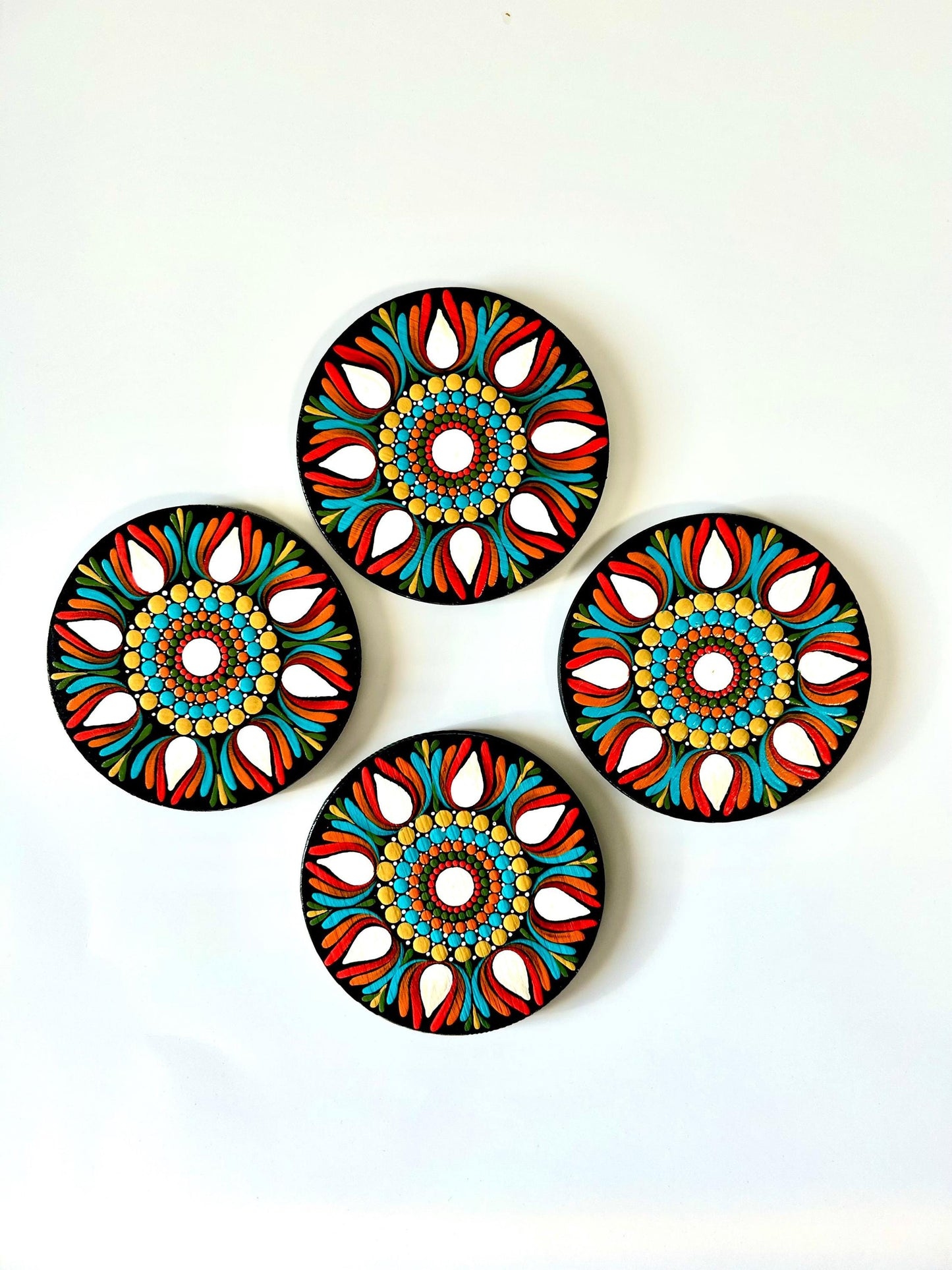 Hand-Painted Orange & Whites Mandala Coaster Set - Set of 4