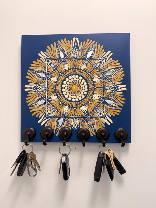 Hand Painted Mandala Key Holder | Blue & Gold Wooden Wall Art