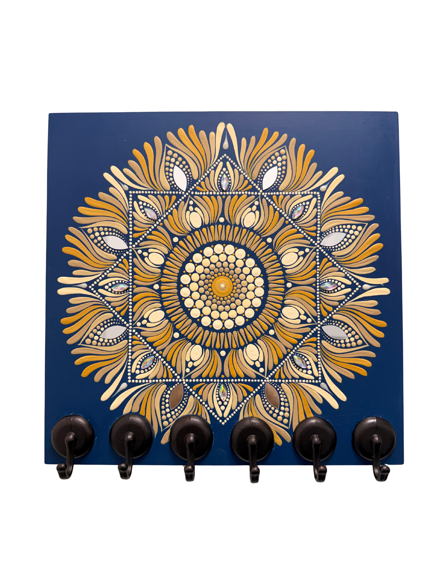 Hand Painted Mandala Key Holder | Blue & Gold Wooden Wall Art