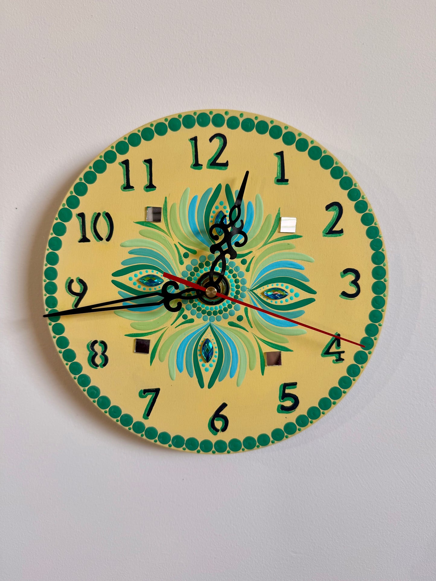 Hand-Painted Mandala Wall Clock – Warm Mustard & Teal