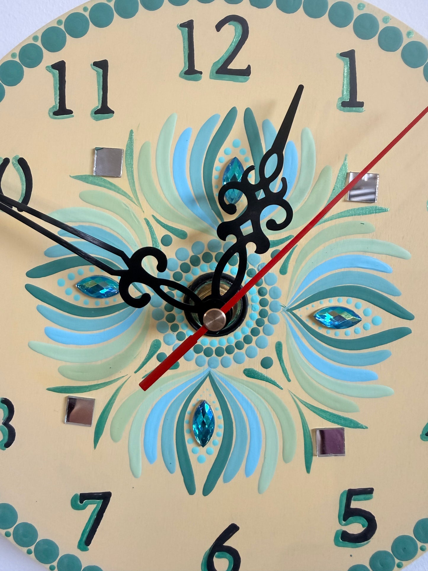 Hand-Painted Mandala Wall Clock – Warm Mustard & Teal