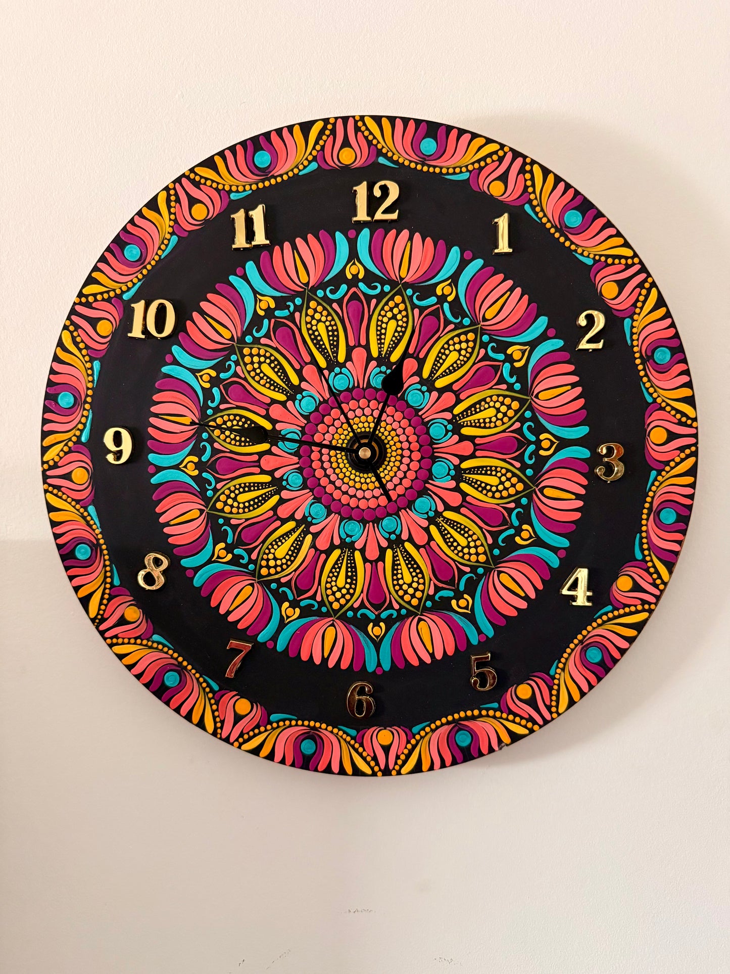 Hand-Painted Mandala Wall Clock – Black Multicolor