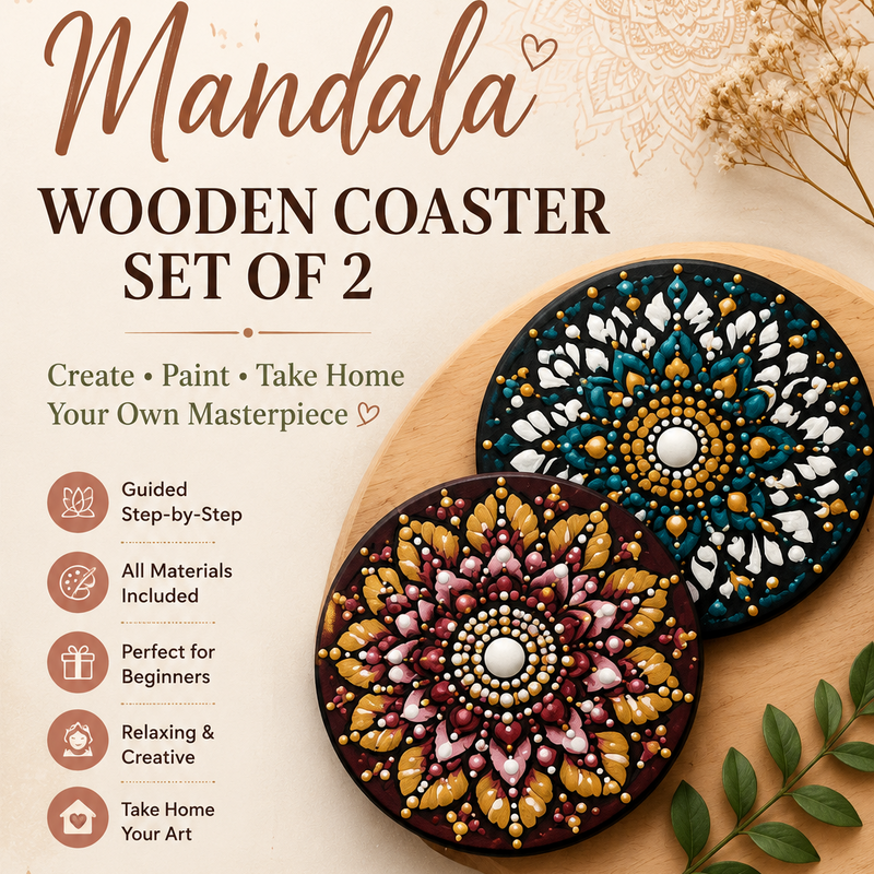 Promotional graphic for the 'Mandala Wooden Coaster Set of 2' by Asa Workshop. The image shows two completed mandala coasters on a wooden board, with text detailing the workshop features, materials, and a DM code.