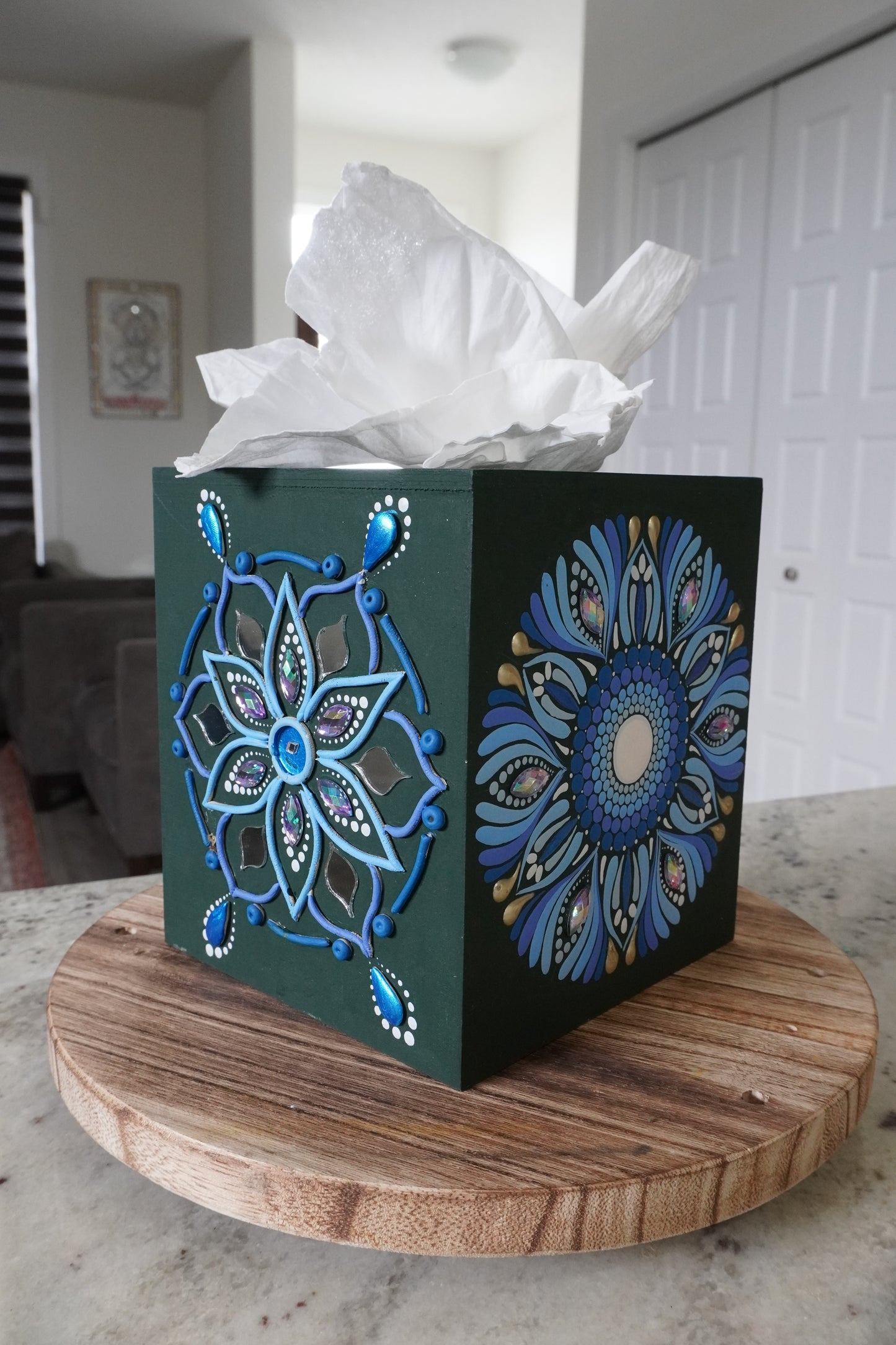 Lippan & Mandala Art Fusion Tissue Box Cover – Winter Blues on Hauser Green
