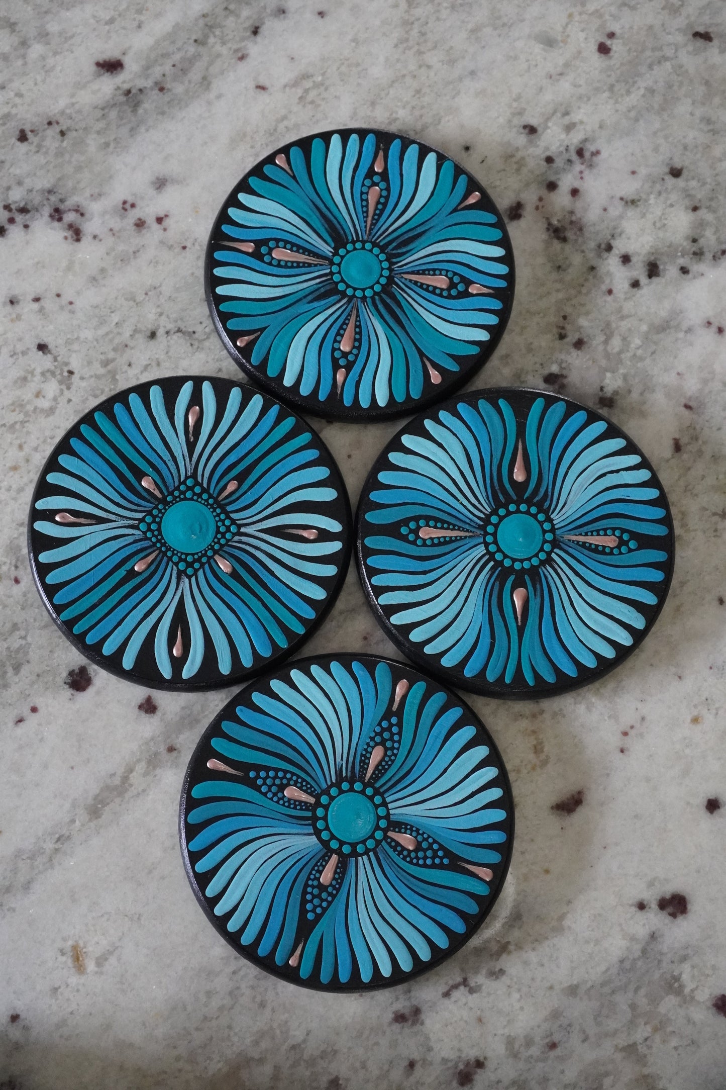 Hand-Painted Ocean Blues Mandala Coaster Set - Set of 4