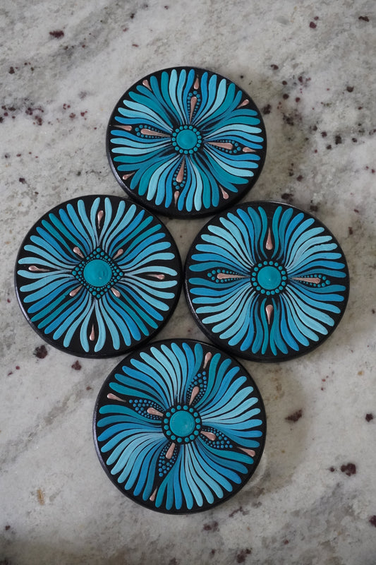 Hand-Painted Ocean Blues Mandala Coaster Set - Set of 4