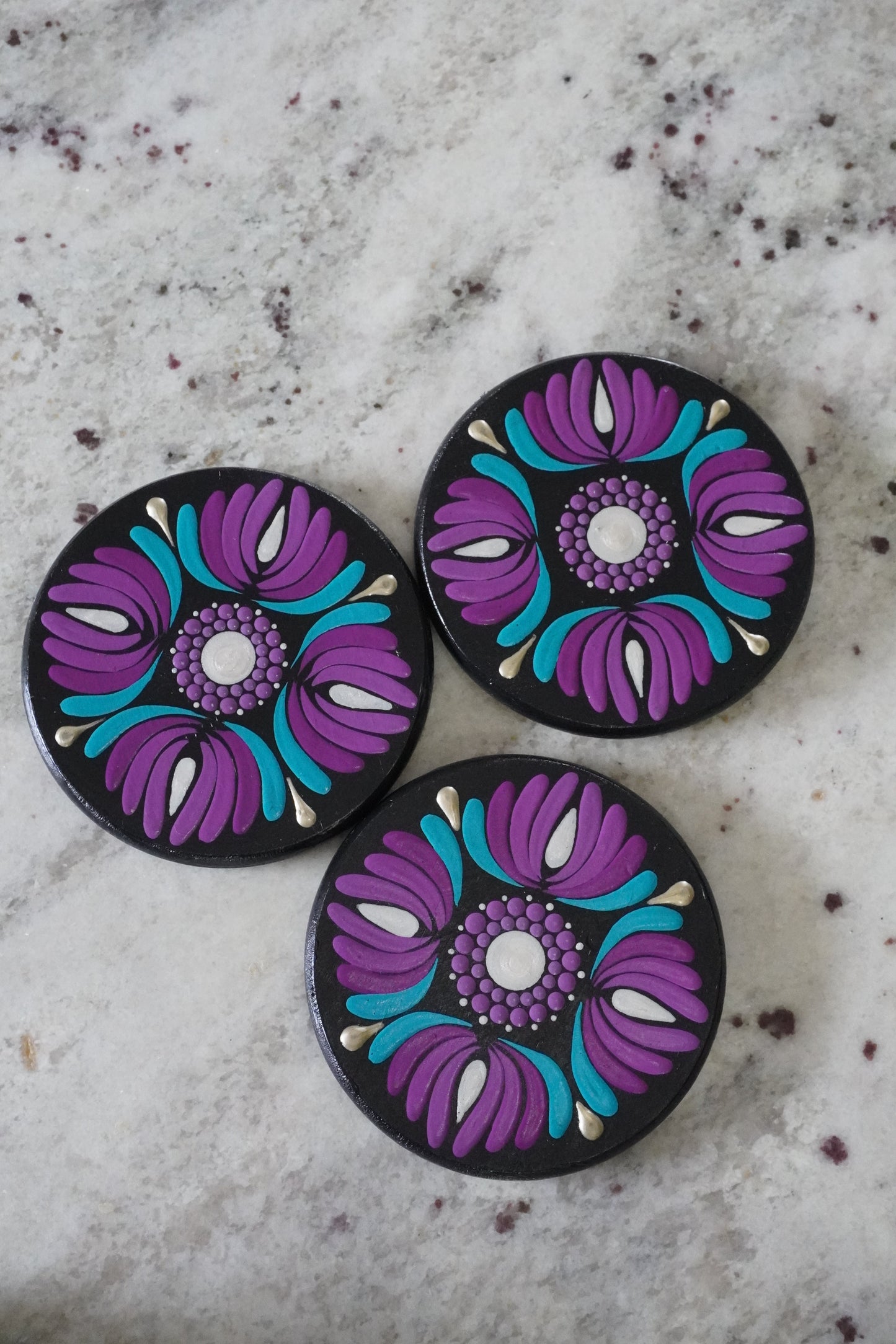 Hand-Painted Purple & Teal Mandala Coaster Set - Set of 3