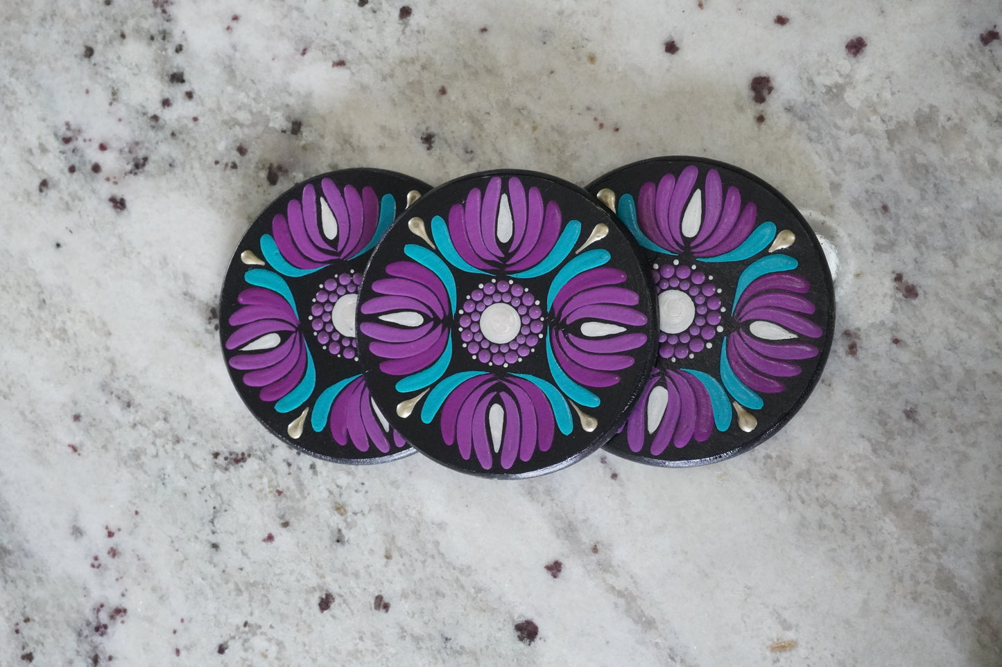 Hand-Painted Purple & Teal Mandala Coaster Set - Set of 3