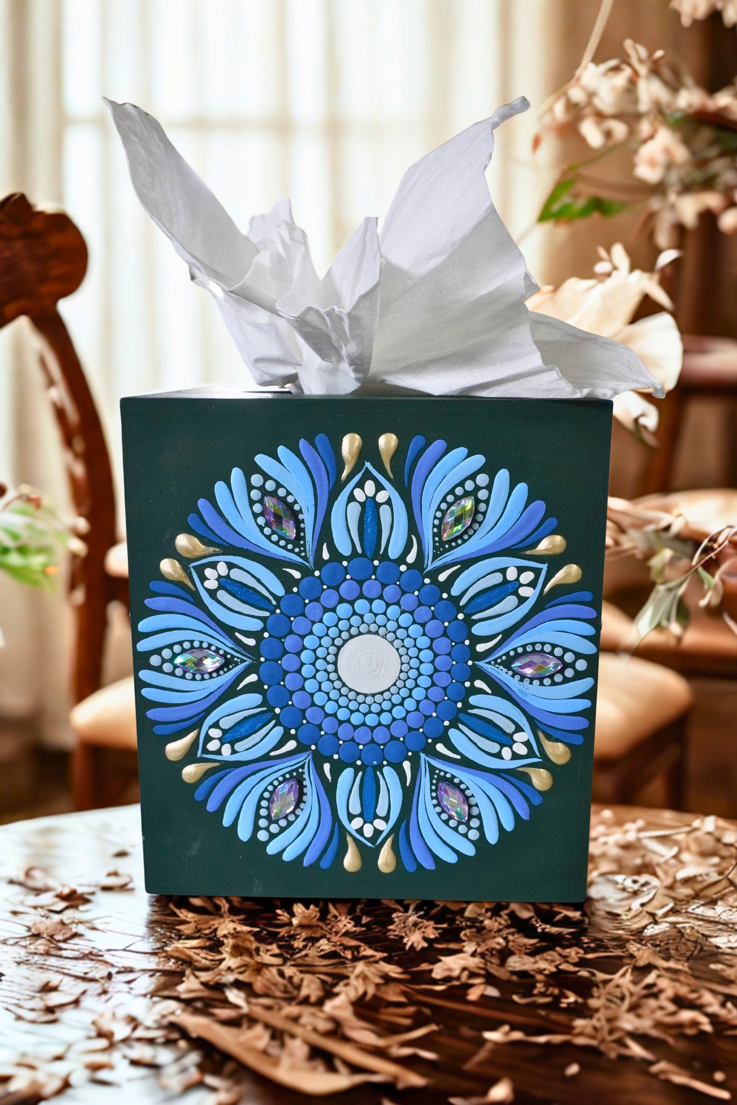 Lippan & Mandala Art Fusion Tissue Box Cover – Winter Blues on Hauser Green