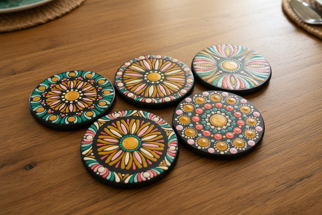 Hand-Painted Bloom Mandala Coaster Set - Set of 5