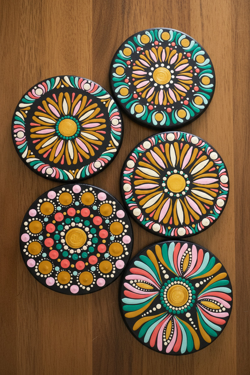 Hand-Painted Bloom Mandala Coaster Set - Set of 5