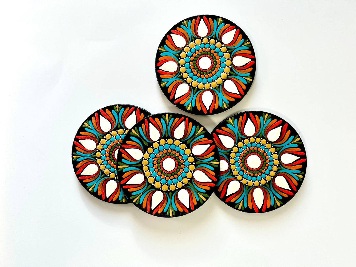 Hand-Painted Orange & Whites Mandala Coaster Set - Set of 4