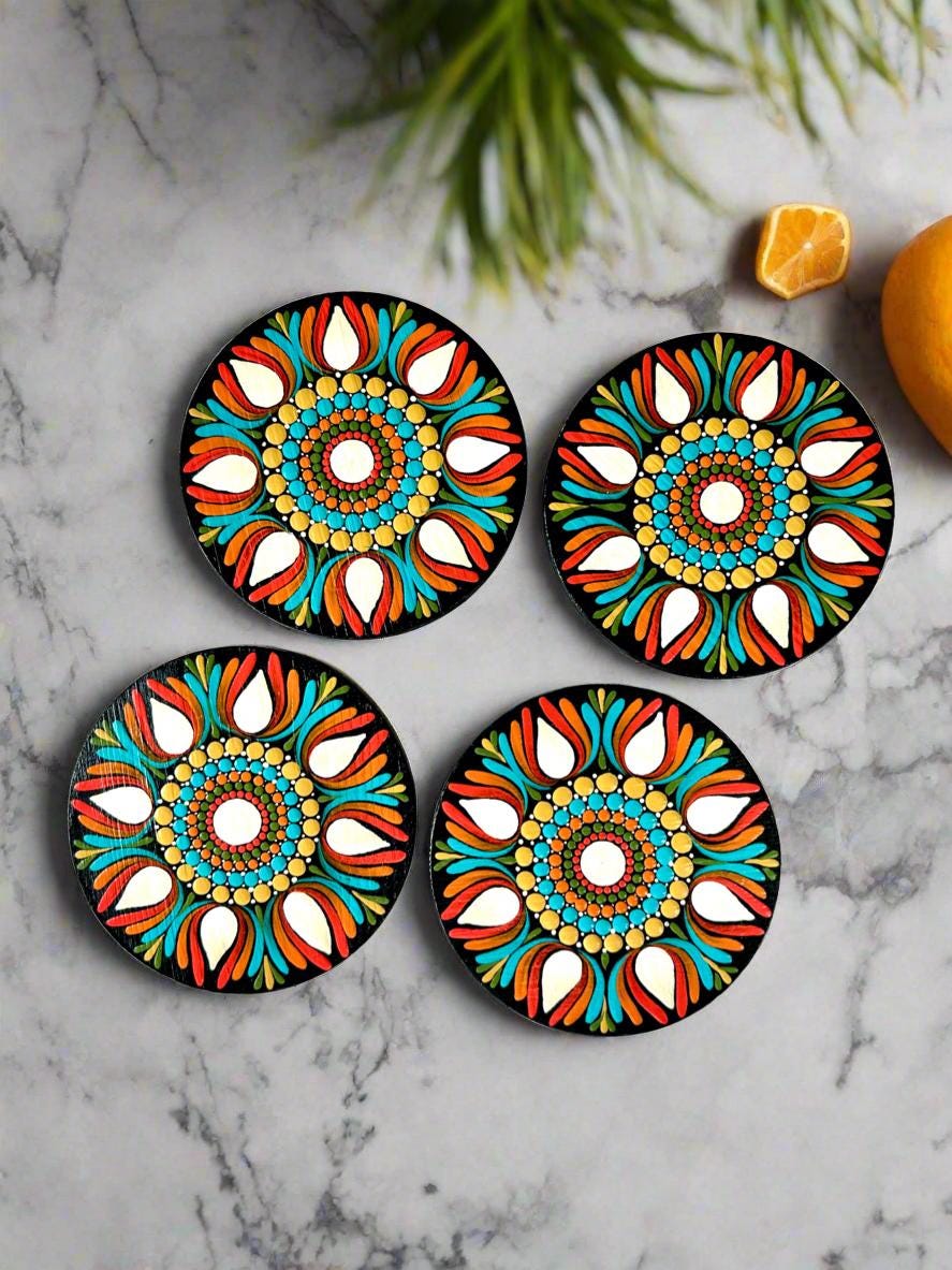 Hand-Painted Orange & Whites Mandala Coaster Set - Set of 4