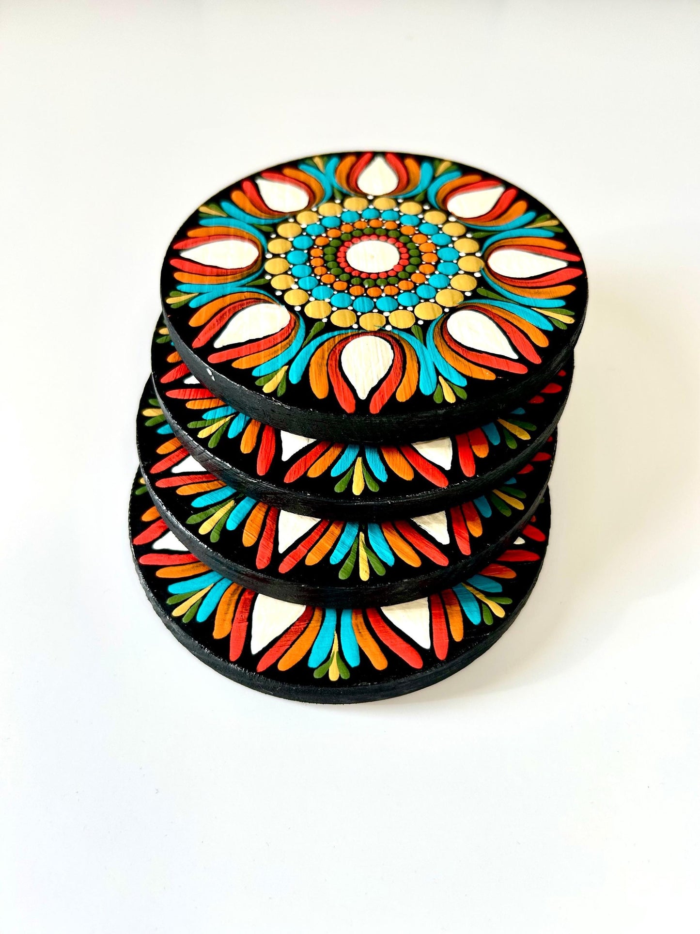 Hand-Painted Orange & Whites Mandala Coaster Set - Set of 4