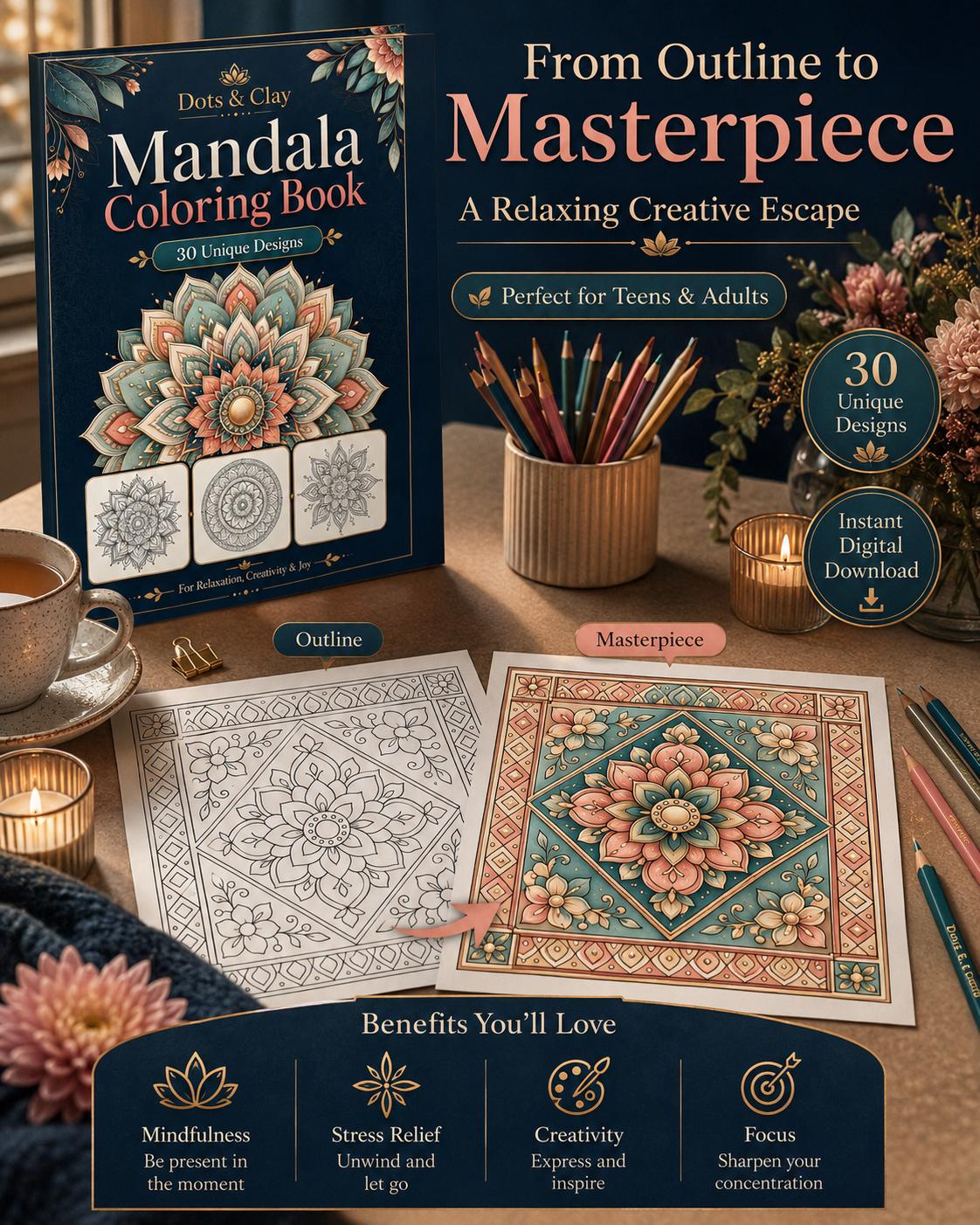 Mandala Coloring Book PDF, 30 Unique Designs, Mindful Relaxation Art (Digital Download)
