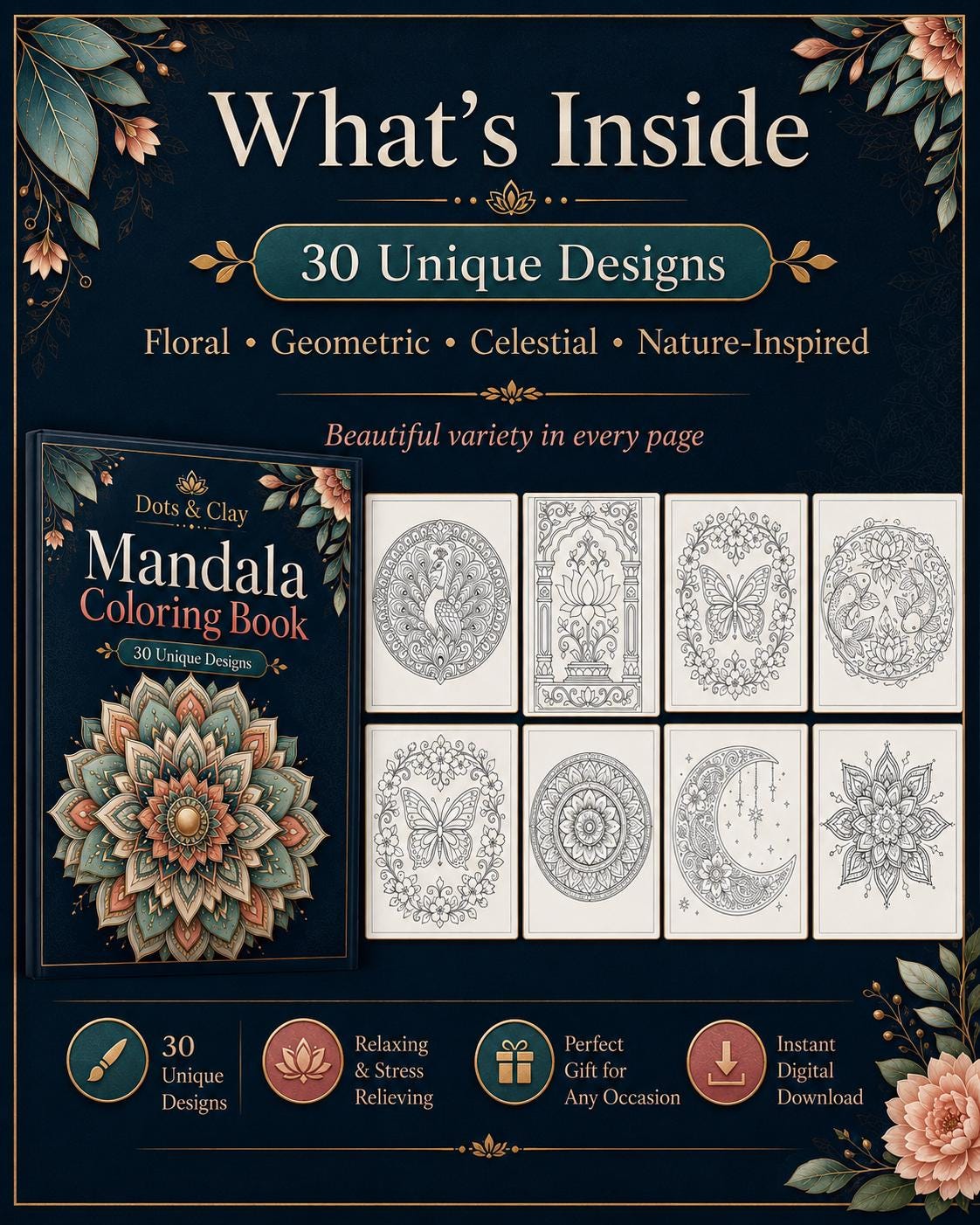 Mandala Coloring Book PDF, 30 Unique Designs, Mindful Relaxation Art (Digital Download)
