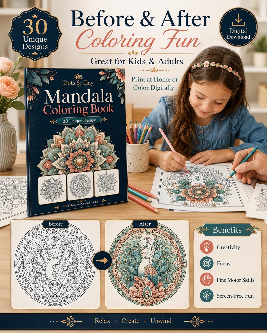 Mandala Coloring Book PDF, 30 Unique Designs, Mindful Relaxation Art (Digital Download)
