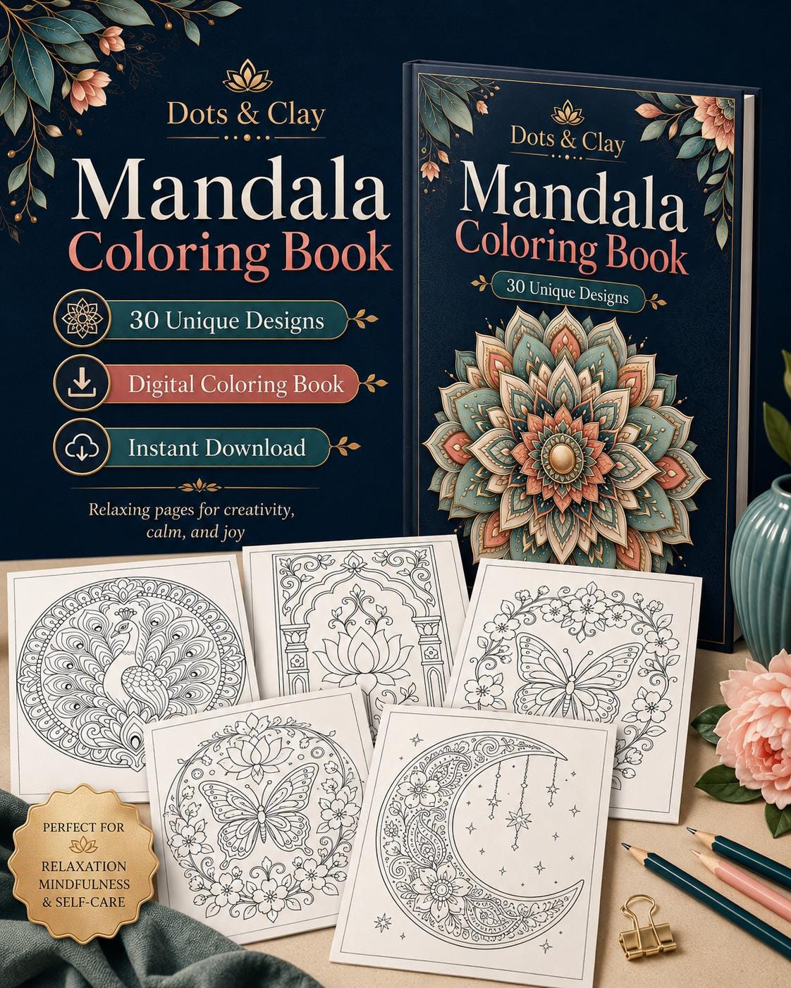 Mandala Coloring Book PDF, 30 Unique Designs, Mindful Relaxation Art (Digital Download)